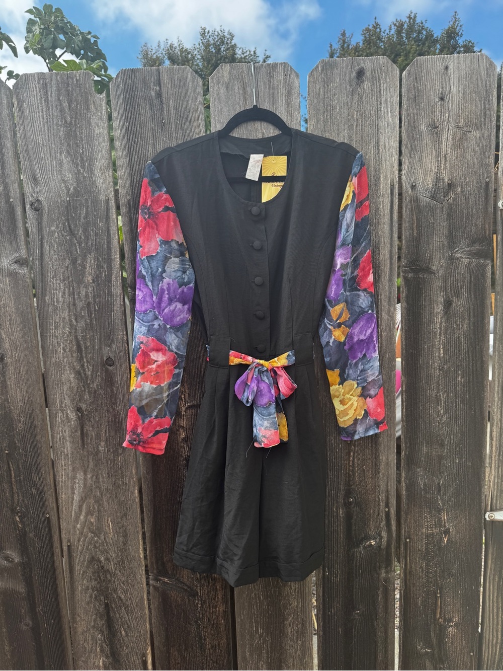 European Vintage Black Romper with Multicolor Floral Sleeves and Waist Tie